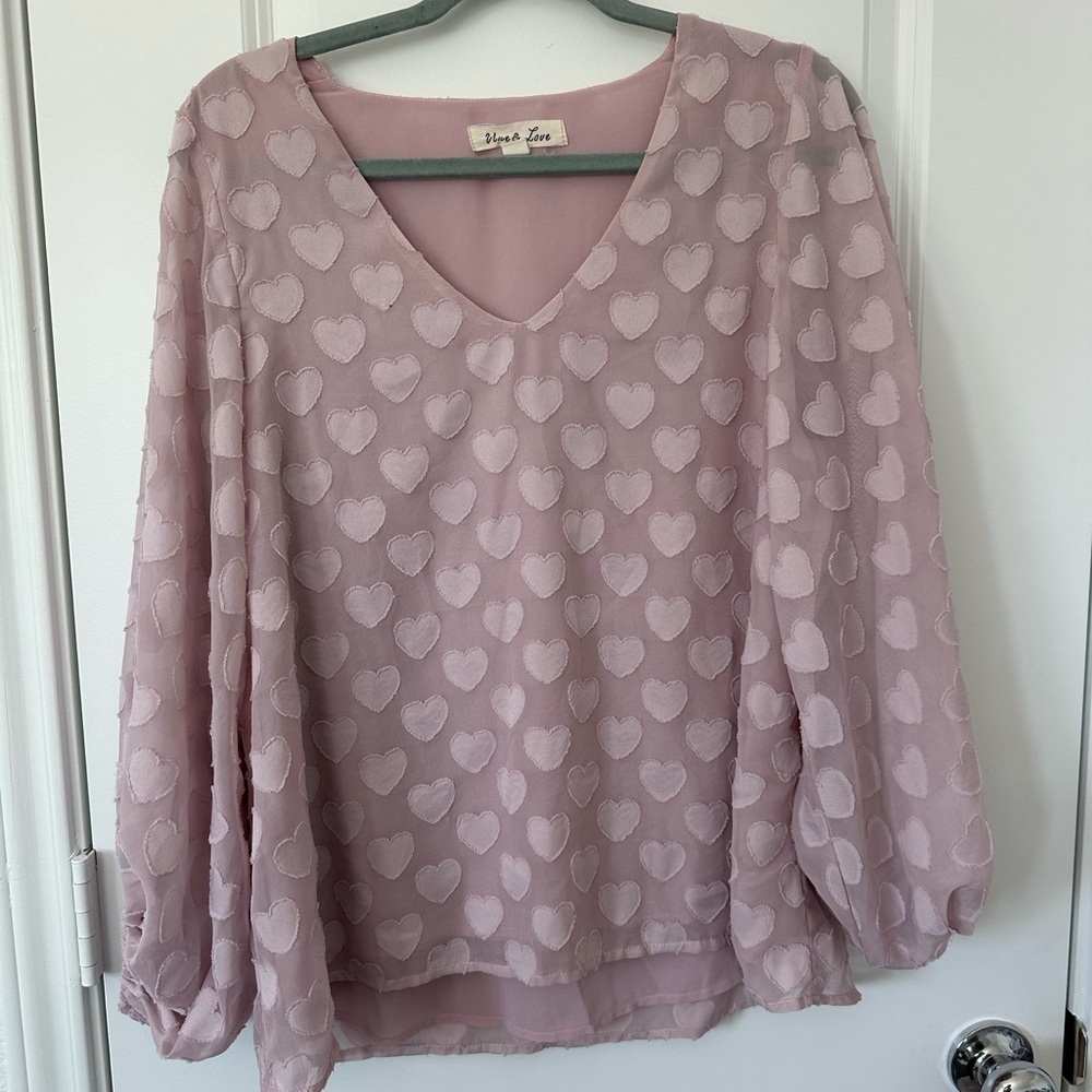 Vine & Love Purple Heart Pattern V-Neck long sleeve  Blouse